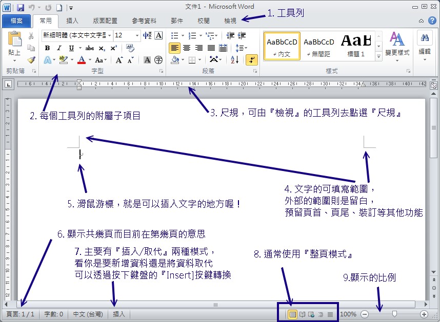 MS word 的操作界面示意圖