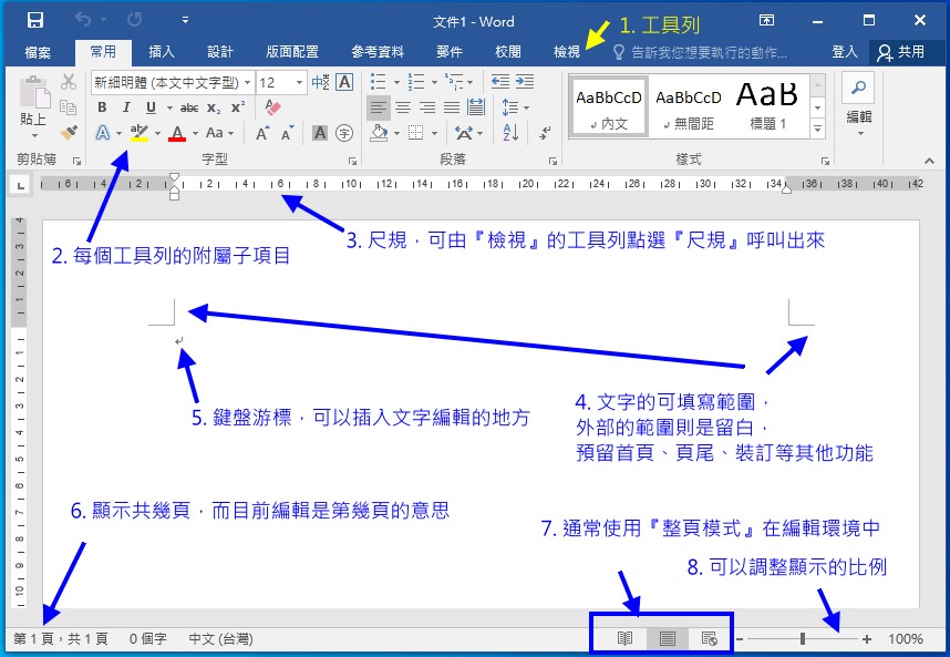 MS word 的操作界面示意圖